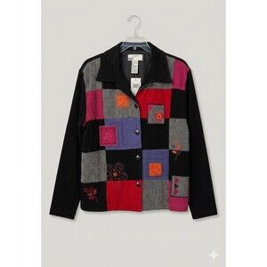 Koret Blazer Jacket Womens L Multicolor Patchwork Buttons Lined Embroidered New